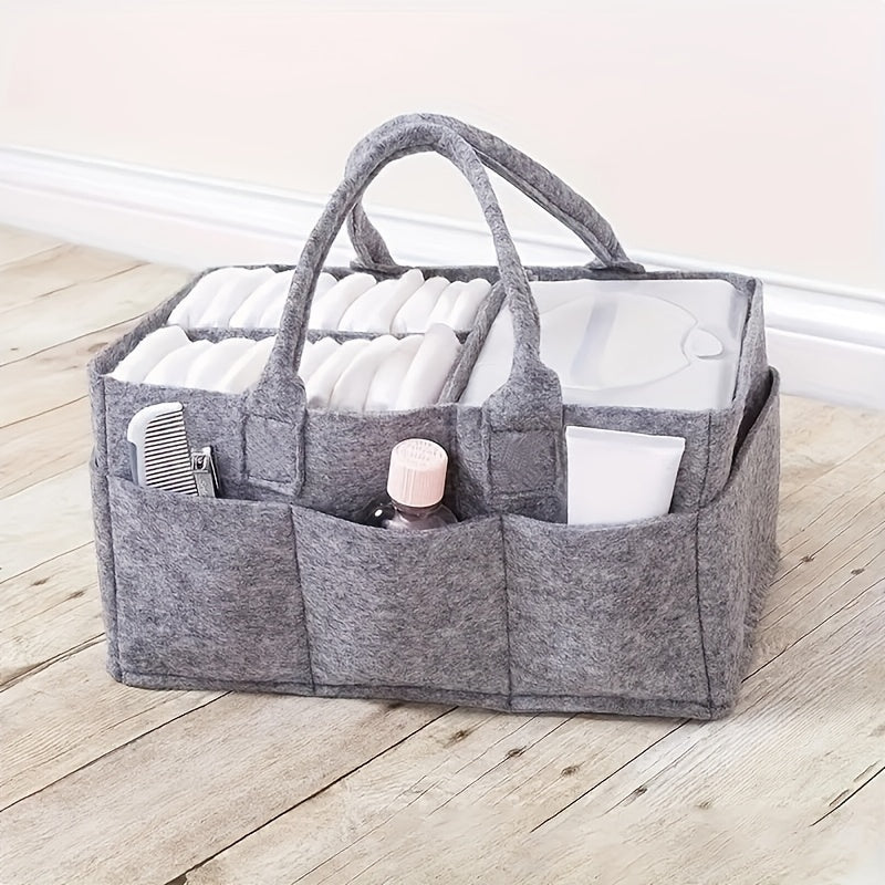 Diaper Storage Bag in Light Gray Felt with Handles - Collapsible and Divided for Convenient Organization of Diapers, Wipes, and Changing Supplies