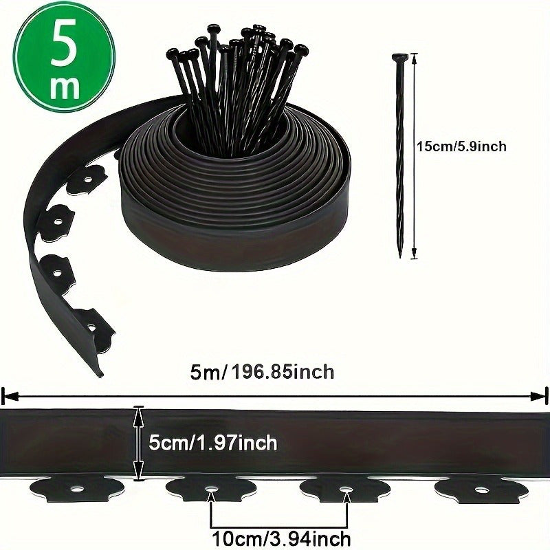 5.0m Black PE Plastic Garden Edging Kit with Anchor Stakes for Landscape and Grass Separation