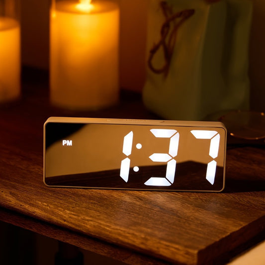 Digital alarm clock with USB power, temperature display, adjustable brightness, date feature, arched crown design, plastic material, and ≤36V operating voltage.