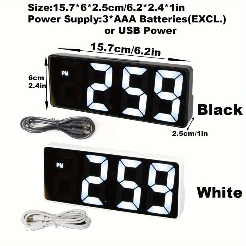 Digital alarm clock with USB power, temperature display, adjustable brightness, date feature, arched crown design, plastic material, and ≤36V operating voltage.