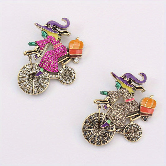 Retro Witch on Bicycle Design Rhinestone Brooch Pin in Vintage Style. This Irregularly Shaped Novelty Fashion Accessory is perfect for Women looking to add a unique touch to their Clothing and Shoe Jewelry Decor.