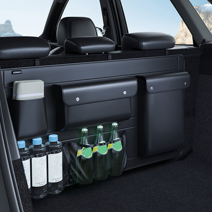 Car trunk storage bag for organizing miscellaneous items.