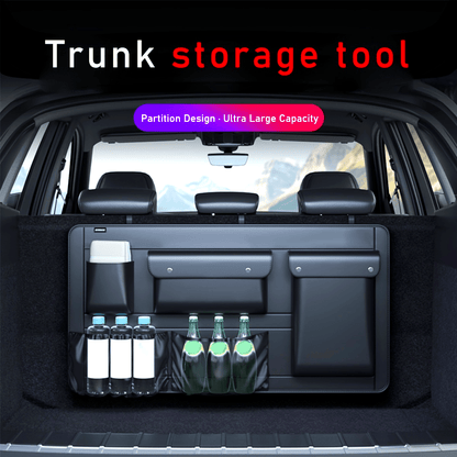 Car trunk storage bag for organizing miscellaneous items.