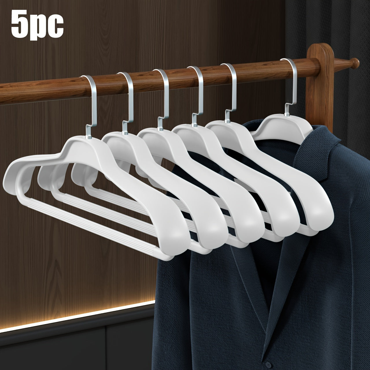 5 Heavy Duty Clothes Hangers in Gray/White/Blue for Home Organization - Wrinkle & Shoulder Resistant, Sturdy Coat Racks - Washable & Rust-Proof. Suitable for Corner, Bedroom, Bathroom and