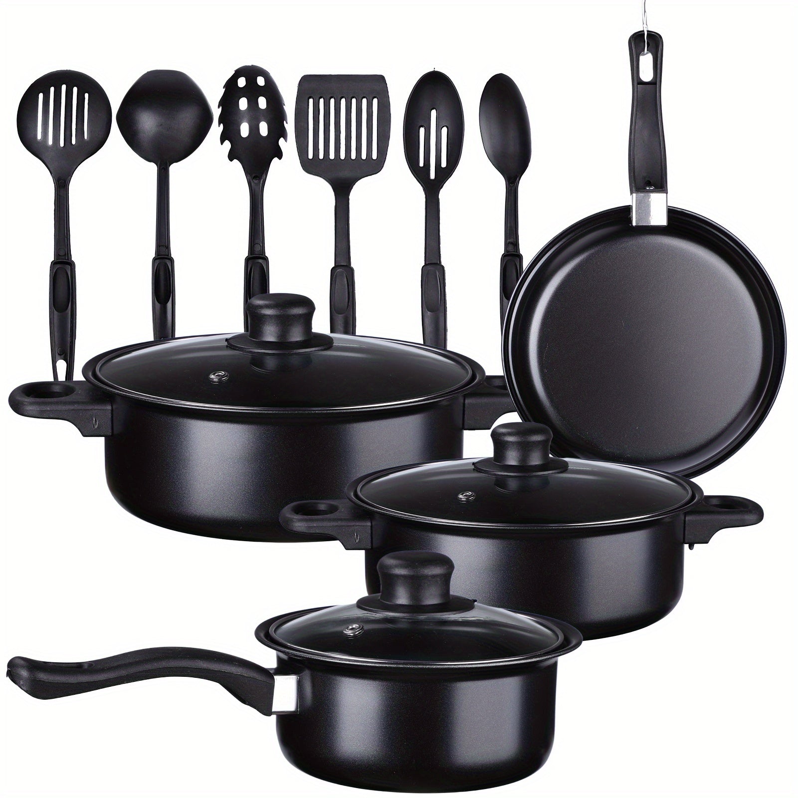 Cookware Set includes 13 pieces of Cast Iron, Nonstick Induction Compatible pots and pans complete with lids. This versatile kitchen set features a Soup Pot, Saucepan, Frying Pan and Utensils for safe food contact.