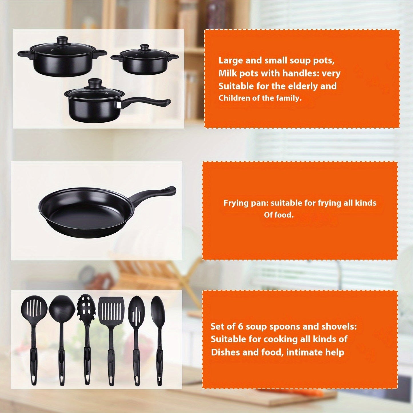 Cookware Set includes 13 pieces of Cast Iron, Nonstick Induction Compatible pots and pans complete with lids. This versatile kitchen set features a Soup Pot, Saucepan, Frying Pan and Utensils for safe food contact.