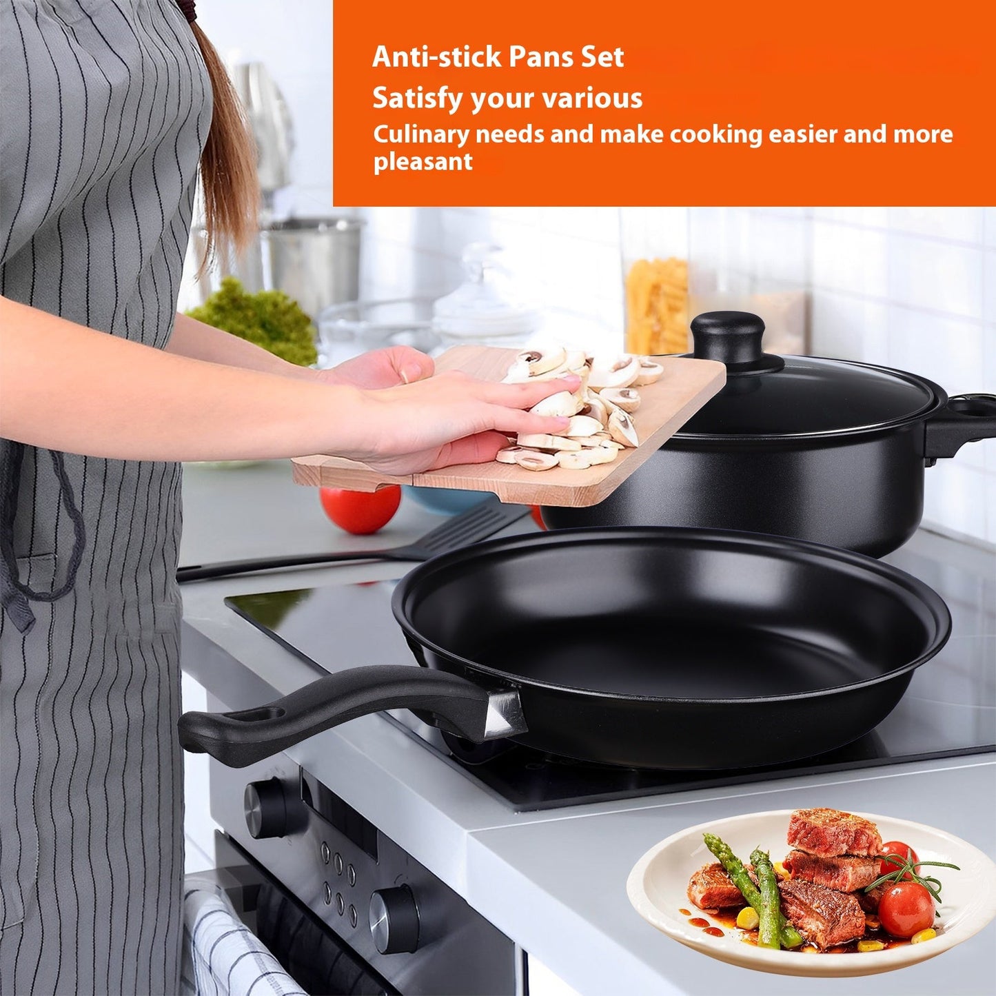 Cookware Set includes 13 pieces of Cast Iron, Nonstick Induction Compatible pots and pans complete with lids. This versatile kitchen set features a Soup Pot, Saucepan, Frying Pan and Utensils for safe food contact.