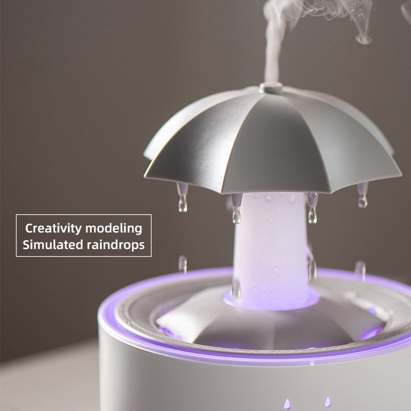 1pc Rotatable Rain Cloud Humidifier with 7-Color LED Lights, Essential Oil Compatible, 3-Level Timer, and Aromatherapy Function – Perfect for Relaxation and Air Purification. White Umbrella