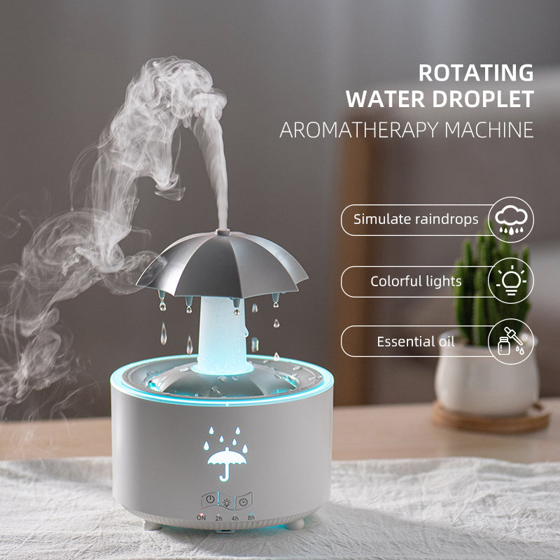 1pc Rotatable Rain Cloud Humidifier with 7-Color LED Lights, Essential Oil Compatible, 3-Level Timer, and Aromatherapy Function – Perfect for Relaxation and Air Purification. White Umbrella