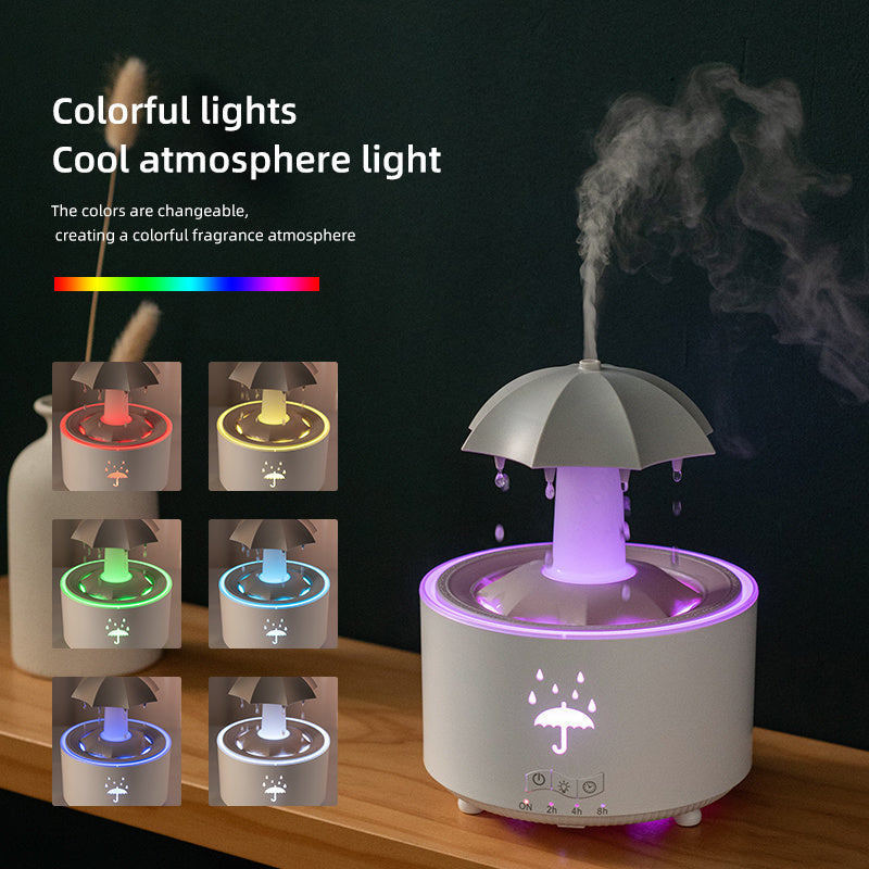 1pc Rotatable Rain Cloud Humidifier with 7-Color LED Lights, Essential Oil Compatible, 3-Level Timer, and Aromatherapy Function – Perfect for Relaxation and Air Purification. White Umbrella