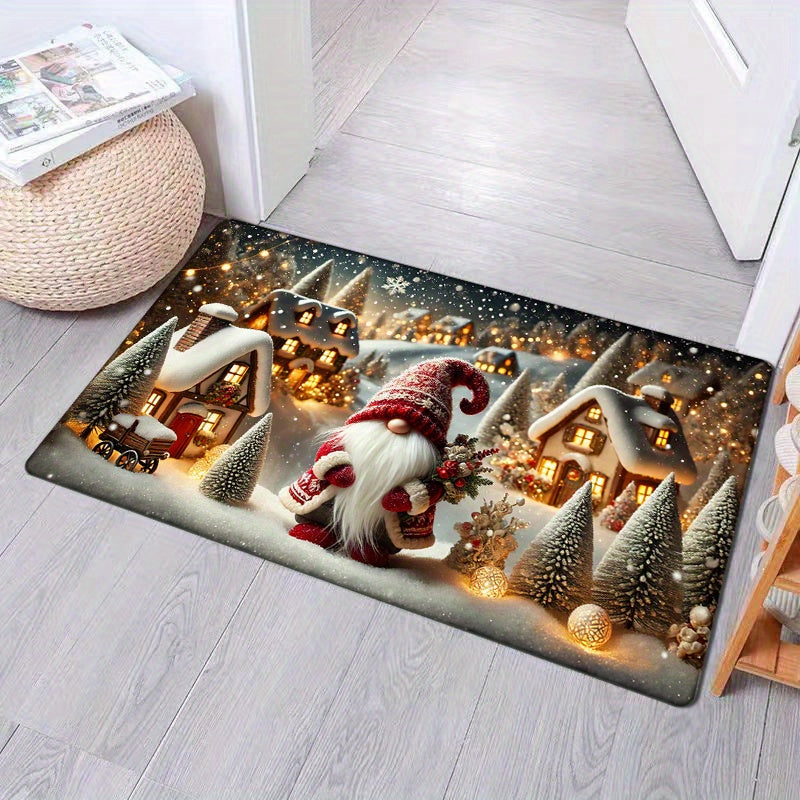 Rectangle Flat Woven Rug with a Christmas Elf Gnome Print - This Anti-Fatigue Doormat is made of Low Pile, Machine Washable, Non-Slip Polyester Floor Mat for Home Decor. Perfect for Living Room, Kitchen, Bedroom, Bathroom, Laundry Room. It is a Festive