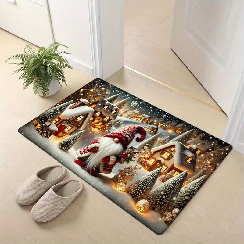 Rectangle Flat Woven Rug with a Christmas Elf Gnome Print - This Anti-Fatigue Doormat is made of Low Pile, Machine Washable, Non-Slip Polyester Floor Mat for Home Decor. Perfect for Living Room, Kitchen, Bedroom, Bathroom, Laundry Room. It is a Festive