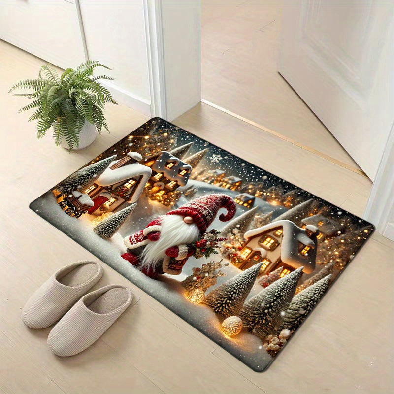 Rectangle Flat Woven Rug with a Christmas Elf Gnome Print - This Anti-Fatigue Doormat is made of Low Pile, Machine Washable, Non-Slip Polyester Floor Mat for Home Decor. Perfect for Living Room, Kitchen, Bedroom, Bathroom, Laundry Room. It is a Festive