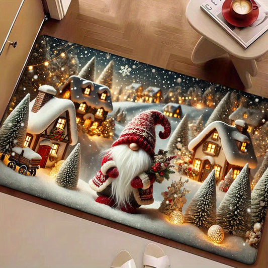 Rectangle Flat Woven Rug with a Christmas Elf Gnome Print - This Anti-Fatigue Doormat is made of Low Pile, Machine Washable, Non-Slip Polyester Floor Mat for Home Decor. Perfect for Living Room, Kitchen, Bedroom, Bathroom, Laundry Room. It is a Festive