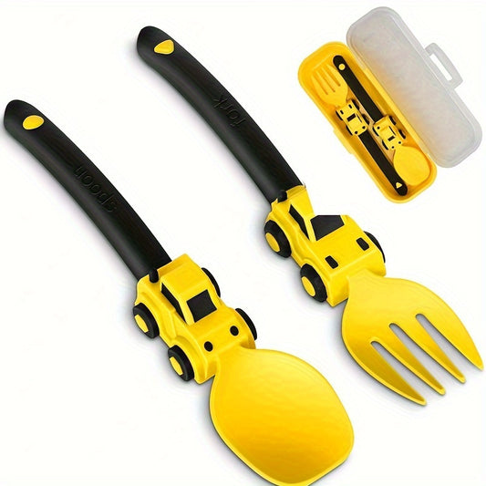 Durable BPA-free cartoon character utensil set featuring fork and spoon for kids. Perfect for little hands, in yellow color. Safe and easy to clean.