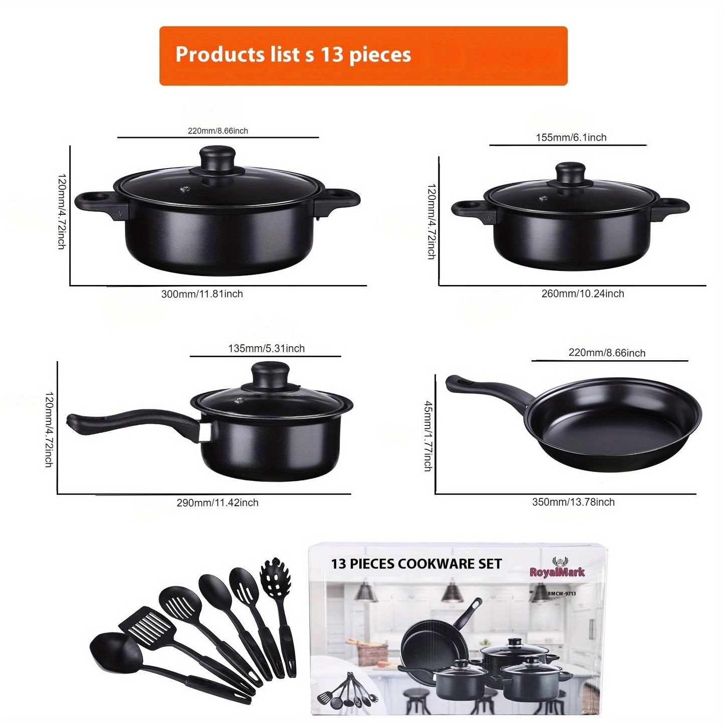 Cookware Set includes 13 pieces of Cast Iron, Nonstick Induction Compatible pots and pans complete with lids. This versatile kitchen set features a Soup Pot, Saucepan, Frying Pan and Utensils for safe food contact.