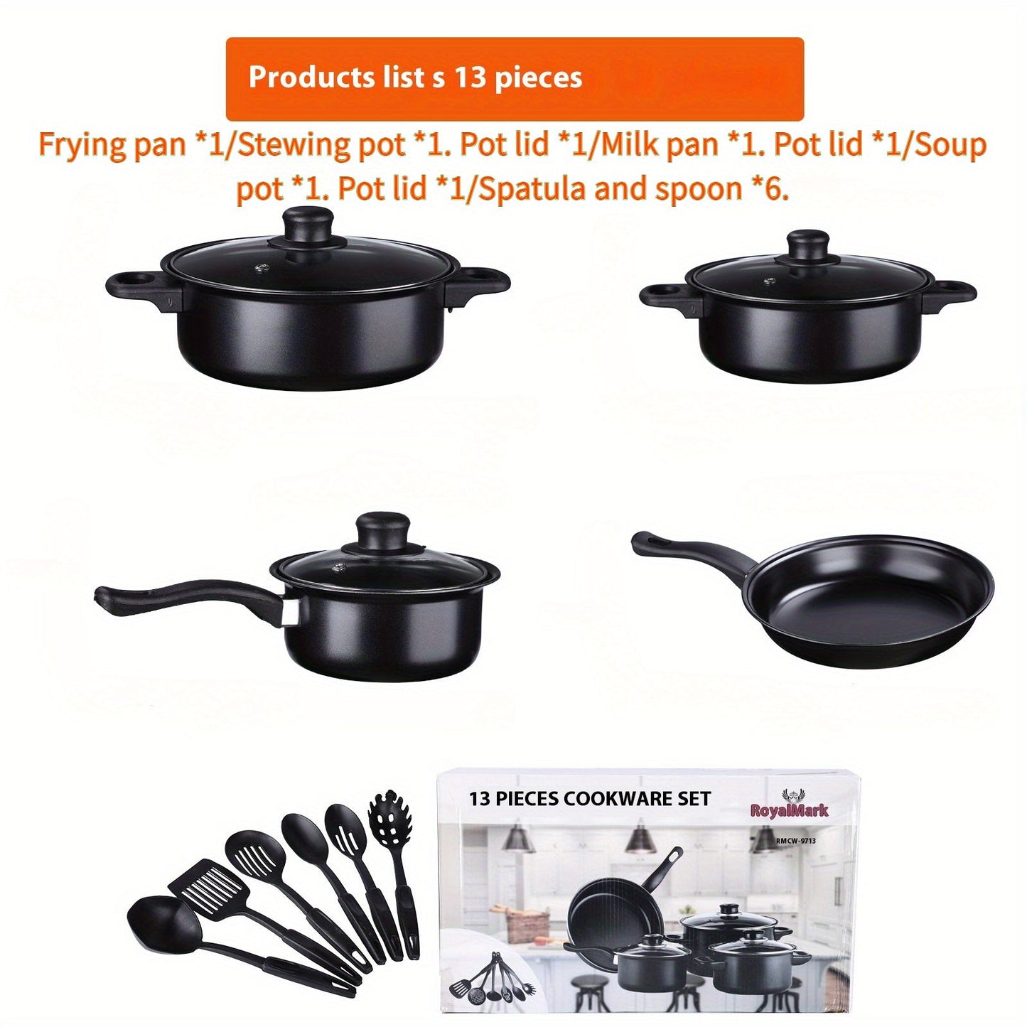 Cookware Set includes 13 pieces of Cast Iron, Nonstick Induction Compatible pots and pans complete with lids. This versatile kitchen set features a Soup Pot, Saucepan, Frying Pan and Utensils for safe food contact.