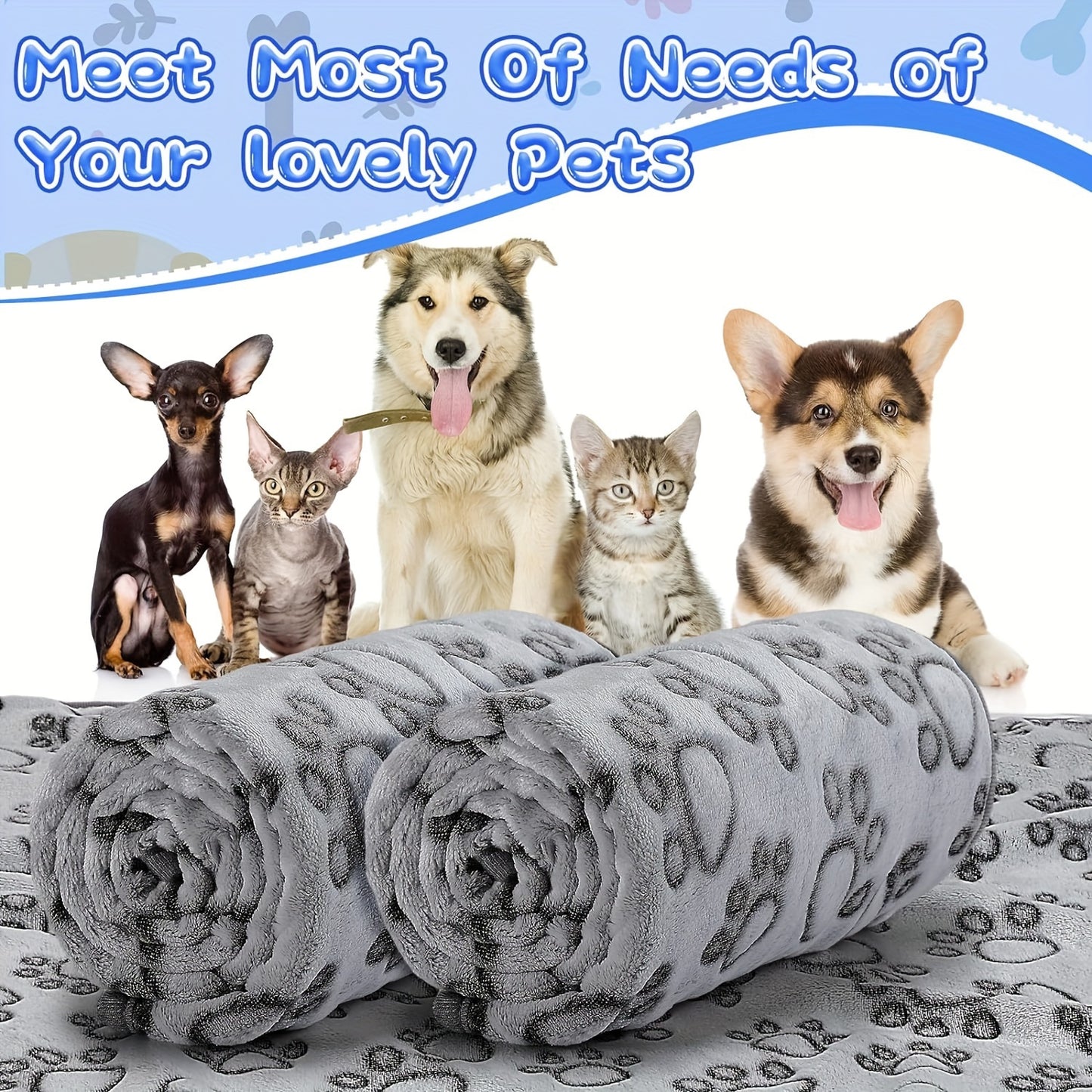 Polyester pet blanket with paw print design, machine washable fleece wool for dogs, cats, puppies, and kittens - perfect for napping, travel, and pet care.