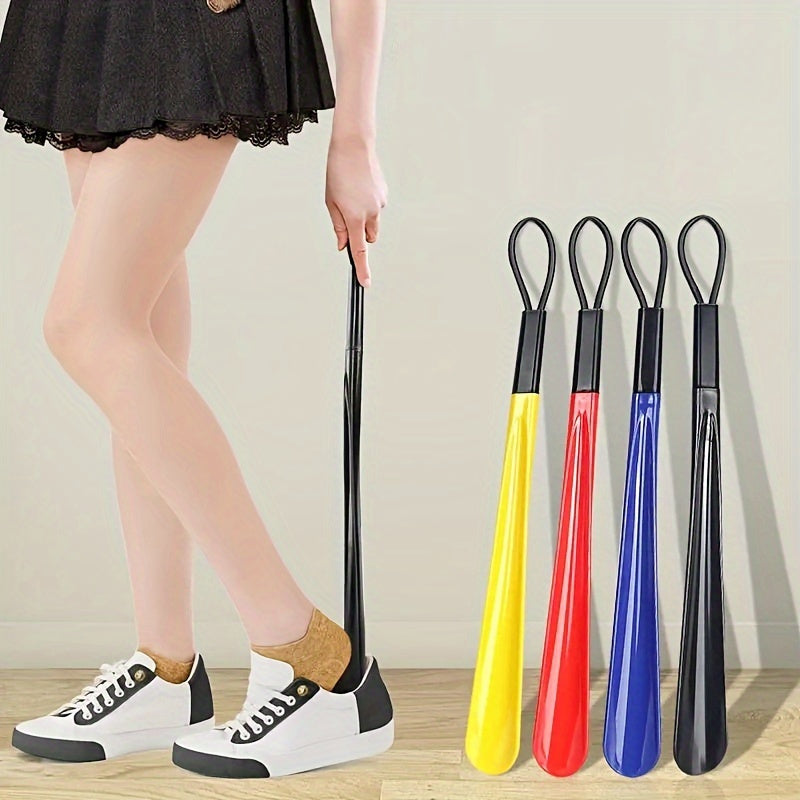 Extra long flexible plastic shoe horn with easy-grip spoon design, durable and lightweight. Available in red or black.