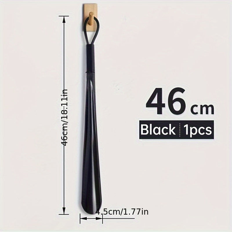 Extra long flexible plastic shoe horn with easy-grip spoon design, durable and lightweight. Available in red or black.