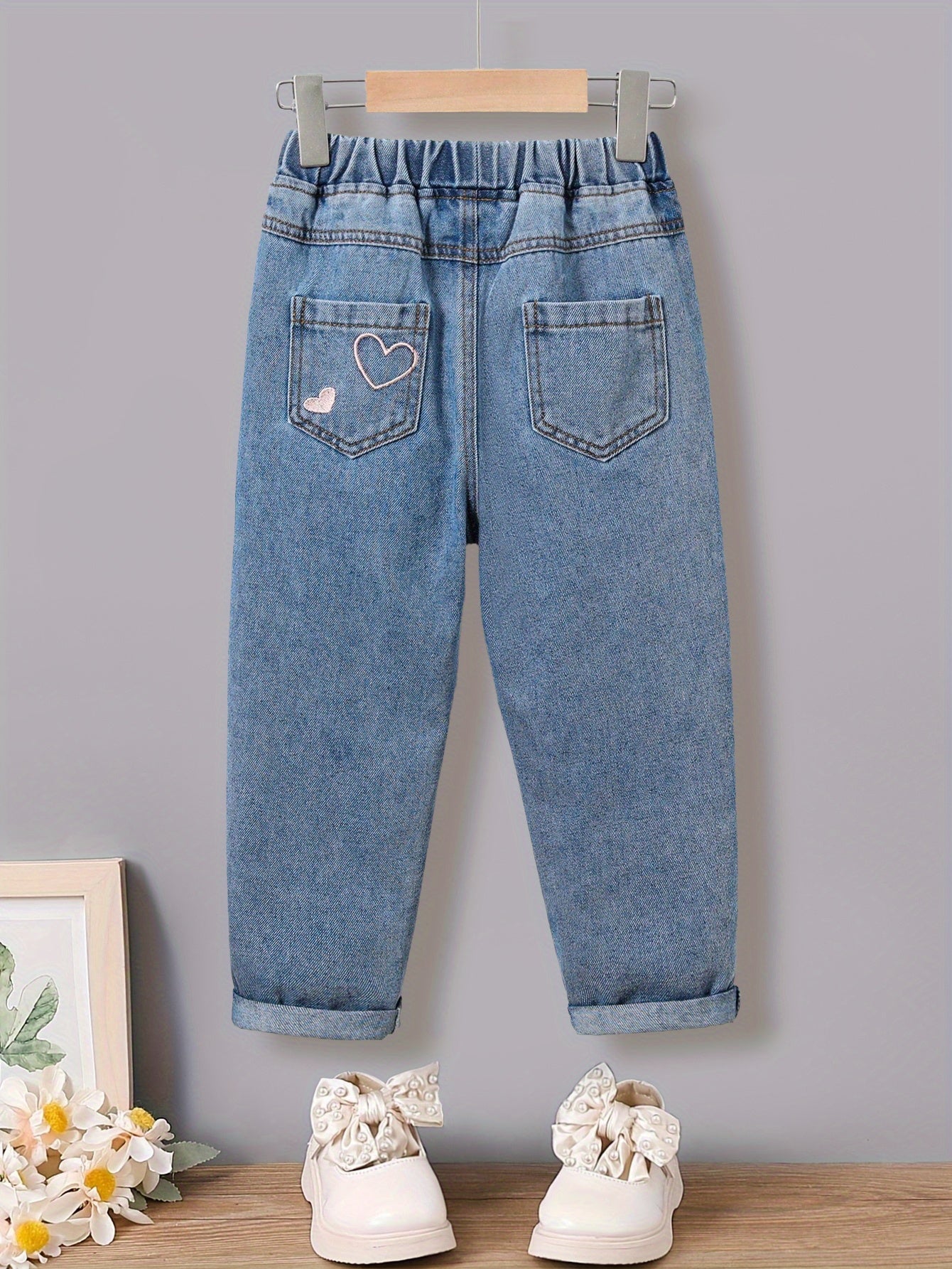 Girls' Floral Print Denim Jeans in a polyester-viscose blend, regular fit for toddlers and kids, perfect for spring or fall fashion