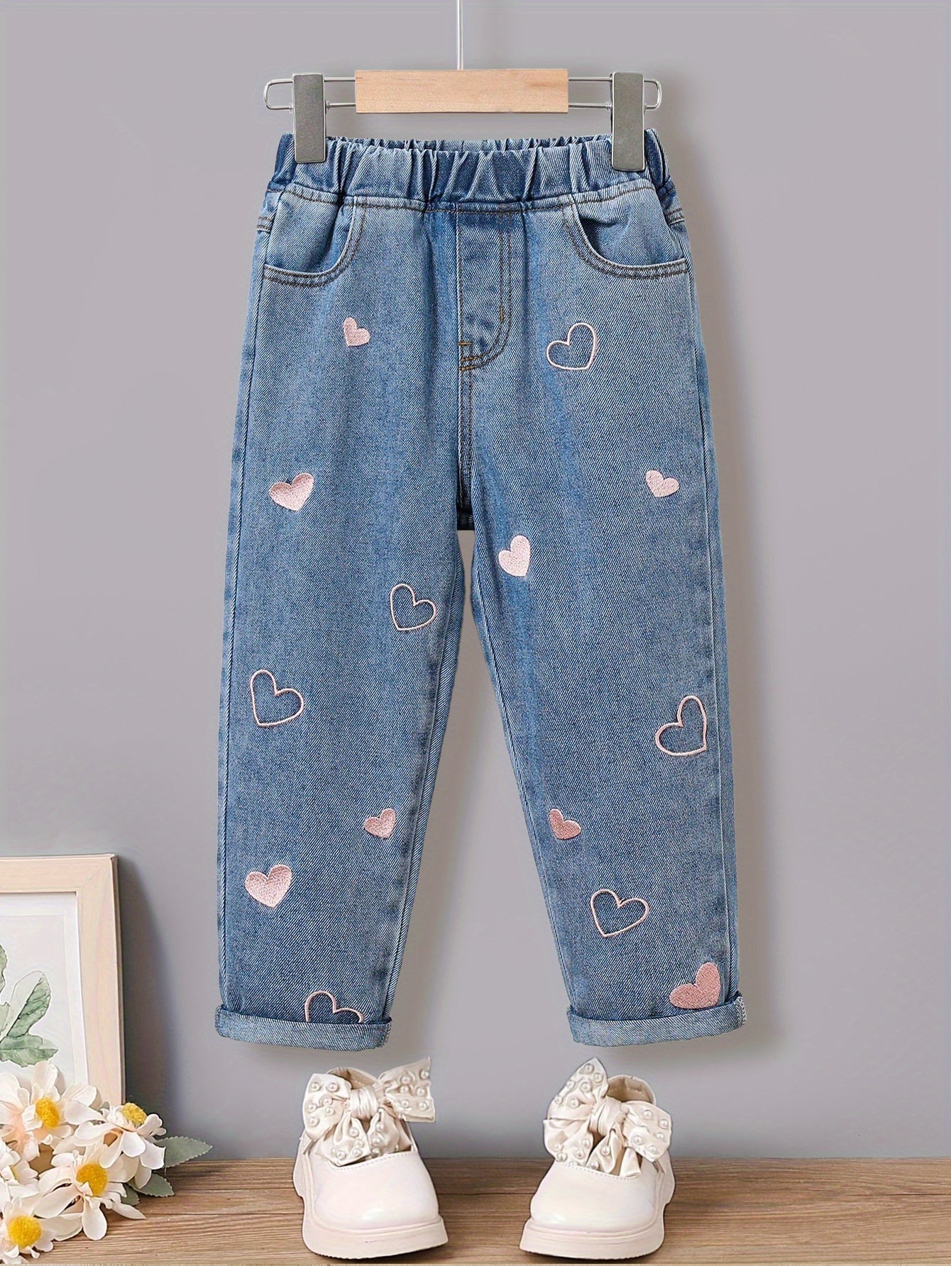 Girls' Floral Print Denim Jeans in a polyester-viscose blend, regular fit for toddlers and kids, perfect for spring or fall fashion