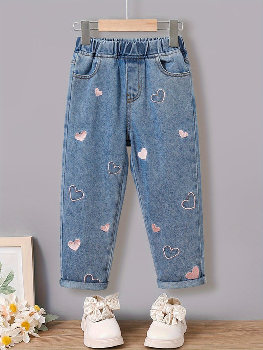 Girls' Floral Print Denim Jeans in a polyester-viscose blend, regular fit for toddlers and kids, perfect for spring or fall fashion