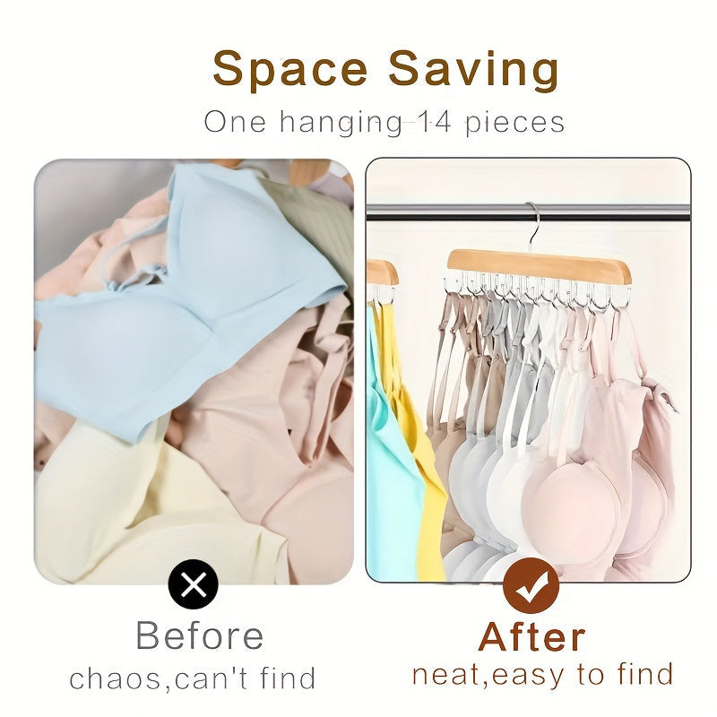 Effortlessly organize ties, scarves, bras, and tank tops with our Space-Saving Wooden Belt and Accessory Hanger featuring 14 polished hooks.