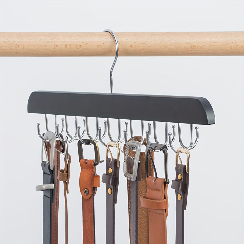 Effortlessly organize ties, scarves, bras, and tank tops with our Space-Saving Wooden Belt and Accessory Hanger featuring 14 polished hooks.