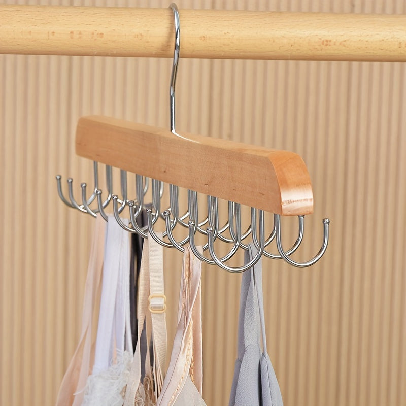 Effortlessly organize ties, scarves, bras, and tank tops with our Space-Saving Wooden Belt and Accessory Hanger featuring 14 polished hooks.