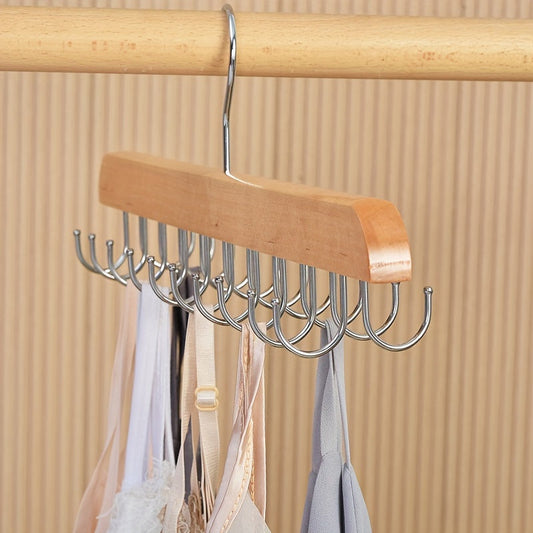 Effortlessly organize ties, scarves, bras, and tank tops with our Space-Saving Wooden Belt and Accessory Hanger featuring 14 polished hooks.