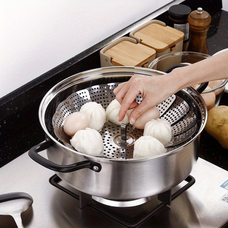 Folding stainless steel steaming tray with multiple functions, retractable design for easy storage, suitable for steaming various foods such as fruits and steamed buns, comes with a lattice steamer rack.