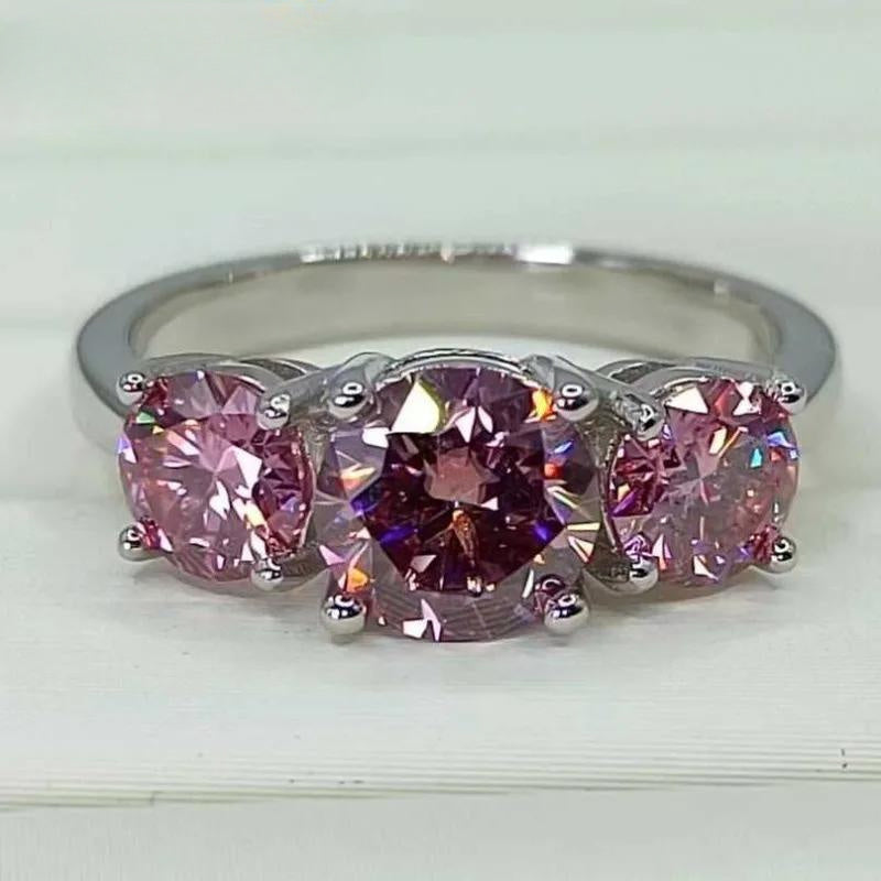 Elegant French-Style Rural Ethic Diam 4 Carat Triple Pink Round Moissanite Engagement Band - 925 Sterling Silver Wedding Promise Ring, 18K Golden Plated. Perfect for All-Season Parties and Football Holidays.