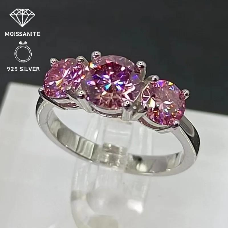 Elegant French-Style Rural Ethic Diam 4 Carat Triple Pink Round Moissanite Engagement Band - 925 Sterling Silver Wedding Promise Ring, 18K Golden Plated. Perfect for All-Season Parties and Football Holidays.