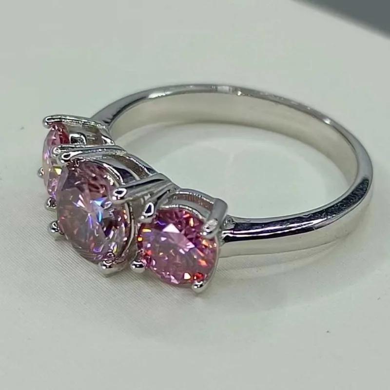 Elegant French-Style Rural Ethic Diam 4 Carat Triple Pink Round Moissanite Engagement Band - 925 Sterling Silver Wedding Promise Ring, 18K Golden Plated. Perfect for All-Season Parties and Football Holidays.