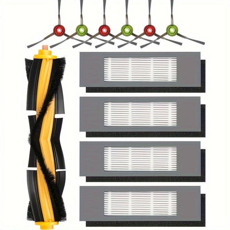 The set includes 11 replacement pieces for Ecovacs Deebot robot vacuums, compatible with OZMO, T, and N series. The kit contains 1 high-efficiency main brush, 4 sets of HEPA filters, and 6 durable side brushes, ensuring optimal filtration and