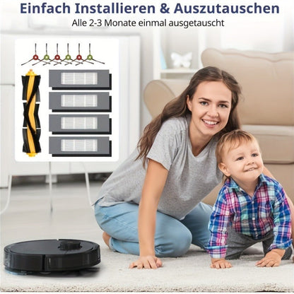 The set includes 11 replacement pieces for Ecovacs Deebot robot vacuums, compatible with OZMO, T, and N series. The kit contains 1 high-efficiency main brush, 4 sets of HEPA filters, and 6 durable side brushes, ensuring optimal filtration and