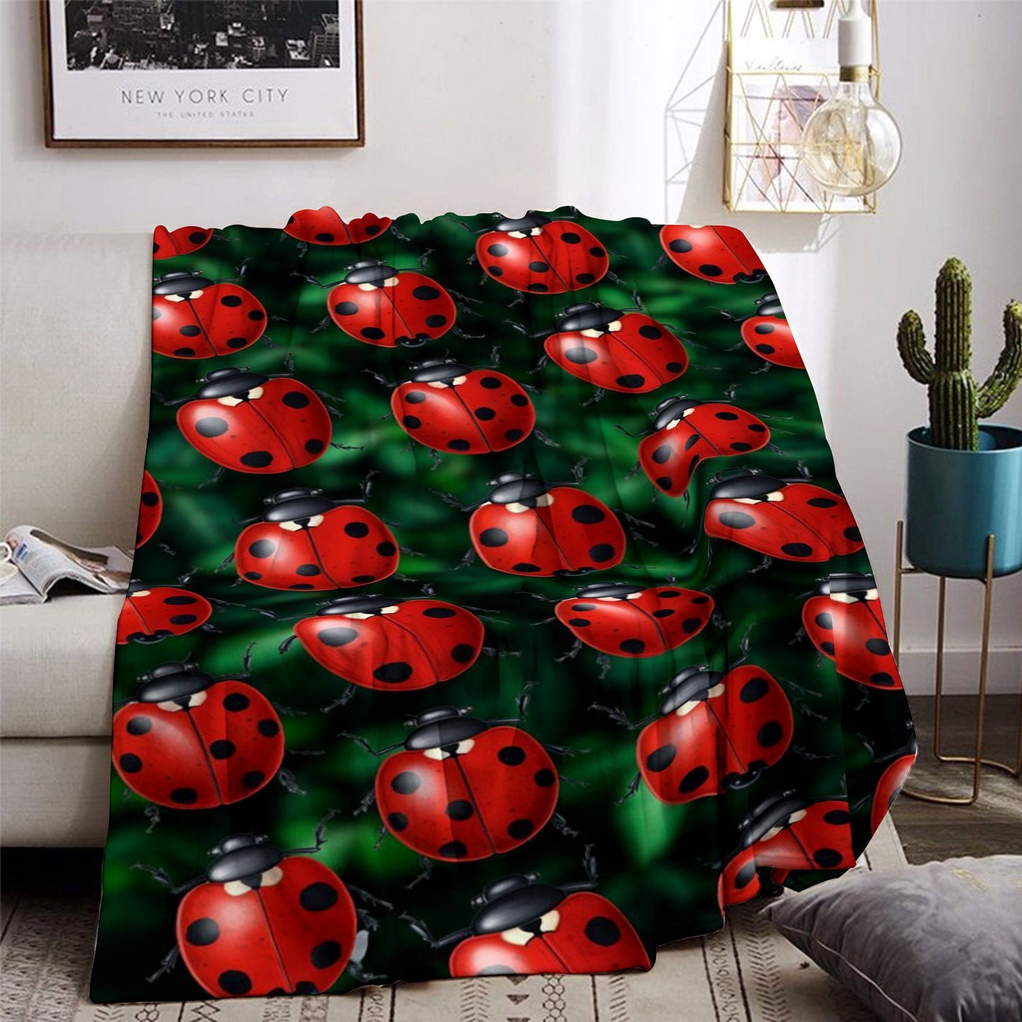 Soft and cozy ladybug print flannel throw blanket perfect for sofa, bed, office, and travel. This lightweight all-season blanket is made of a comfortable polyester knit, featuring a contemporary animal theme with digital printing. With a weight of