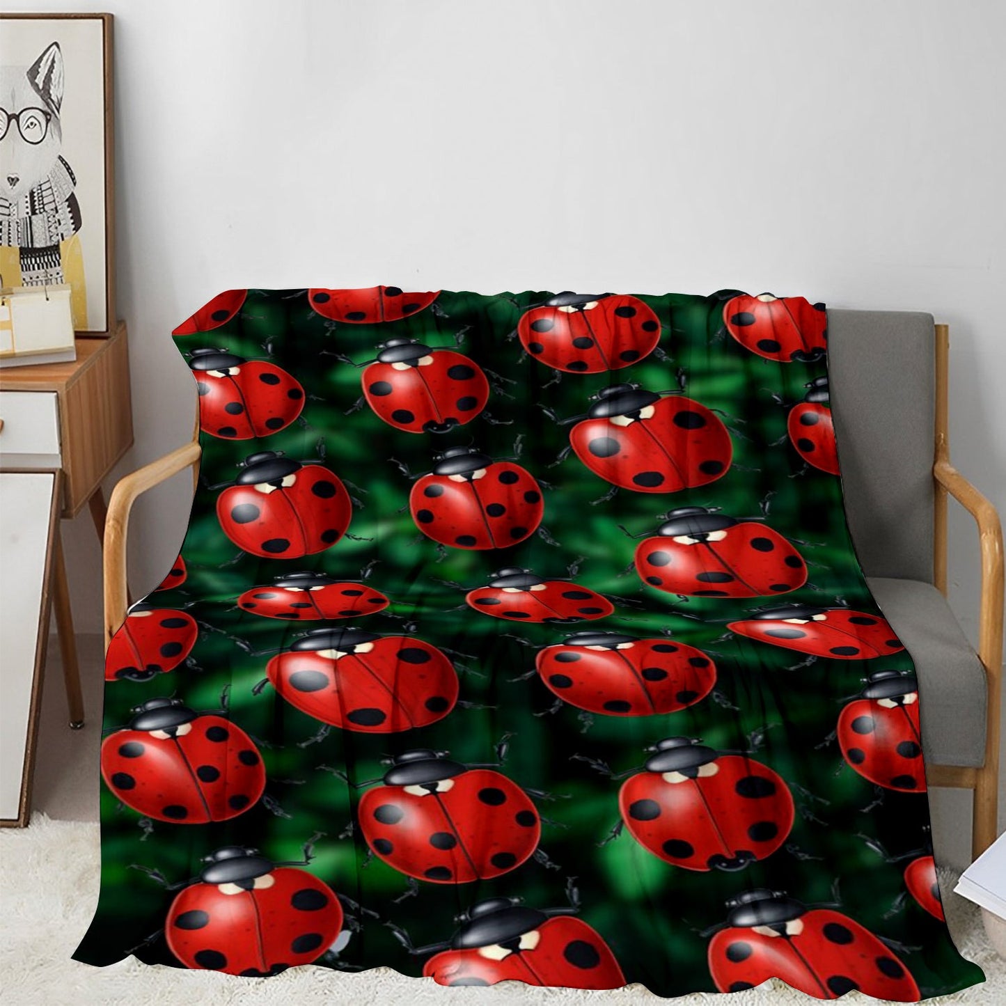 Soft and cozy ladybug print flannel throw blanket perfect for sofa, bed, office, and travel. This lightweight all-season blanket is made of a comfortable polyester knit, featuring a contemporary animal theme with digital printing. With a weight of