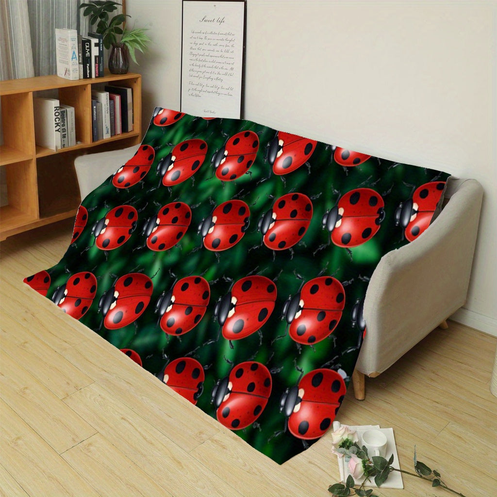 Soft and cozy ladybug print flannel throw blanket perfect for sofa, bed, office, and travel. This lightweight all-season blanket is made of a comfortable polyester knit, featuring a contemporary animal theme with digital printing. With a weight of