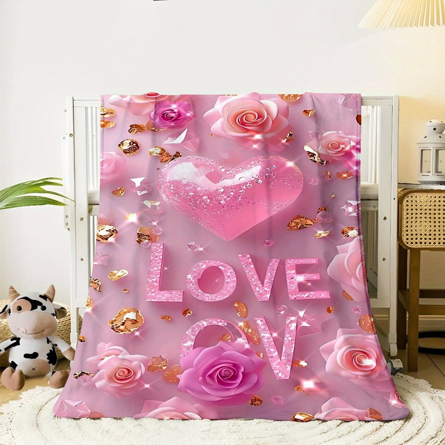 Pink 'I Love You' Throw Blanket for Valentine's Day - Luxuriously Soft and Cozy Flannel Fleece for Couch, Bed, and Camping - Perfect for All Seasons with Elegant Digital Rose and Heart Design