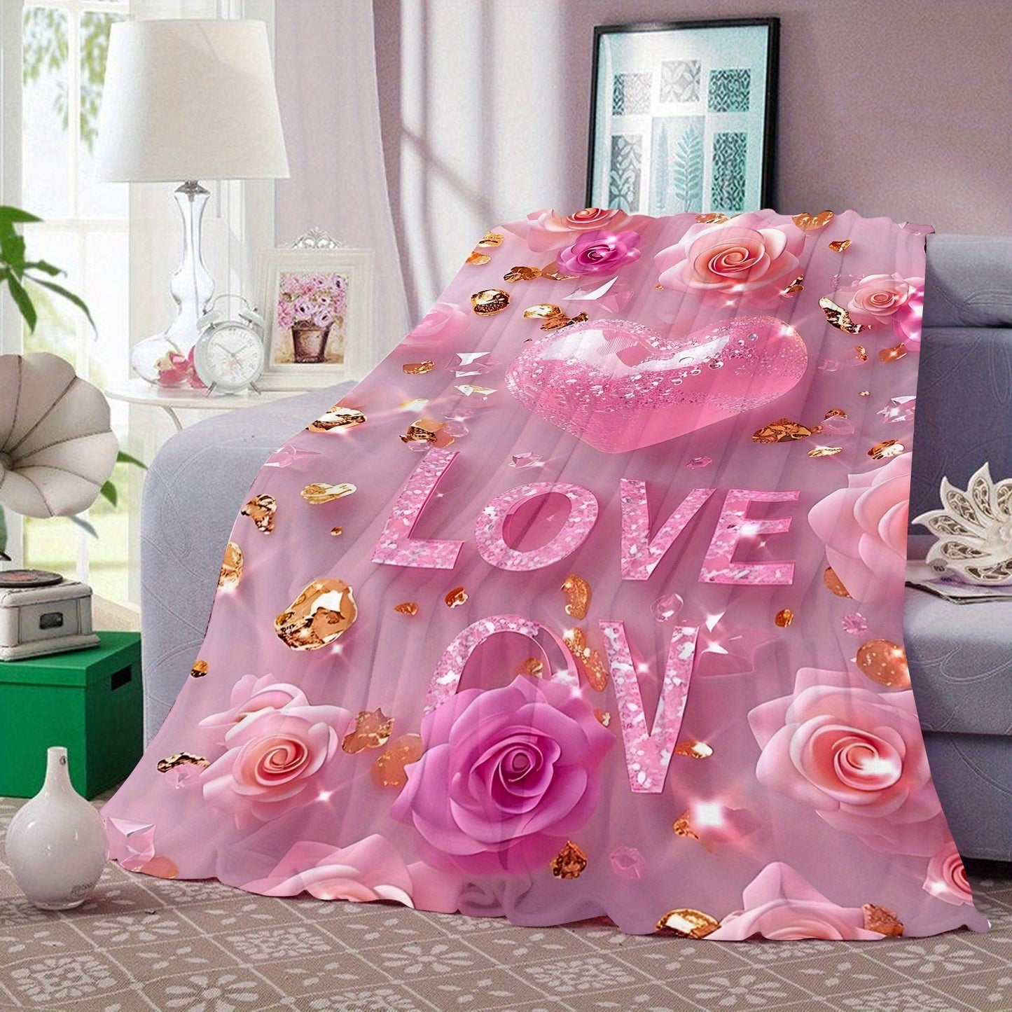 Pink 'I Love You' Throw Blanket for Valentine's Day - Luxuriously Soft and Cozy Flannel Fleece for Couch, Bed, and Camping - Perfect for All Seasons with Elegant Digital Rose and Heart Design