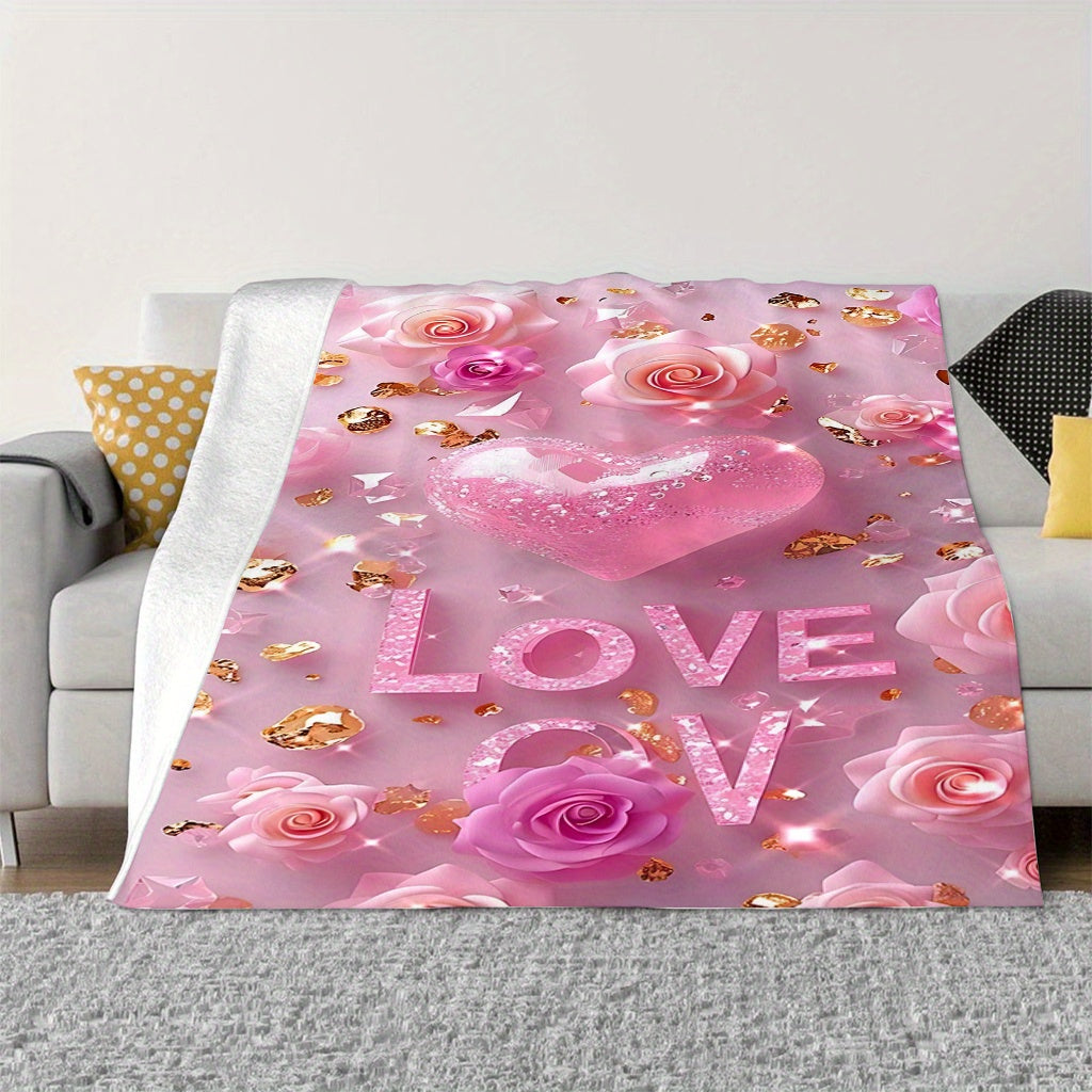 Pink 'I Love You' Throw Blanket for Valentine's Day - Luxuriously Soft and Cozy Flannel Fleece for Couch, Bed, and Camping - Perfect for All Seasons with Elegant Digital Rose and Heart Design