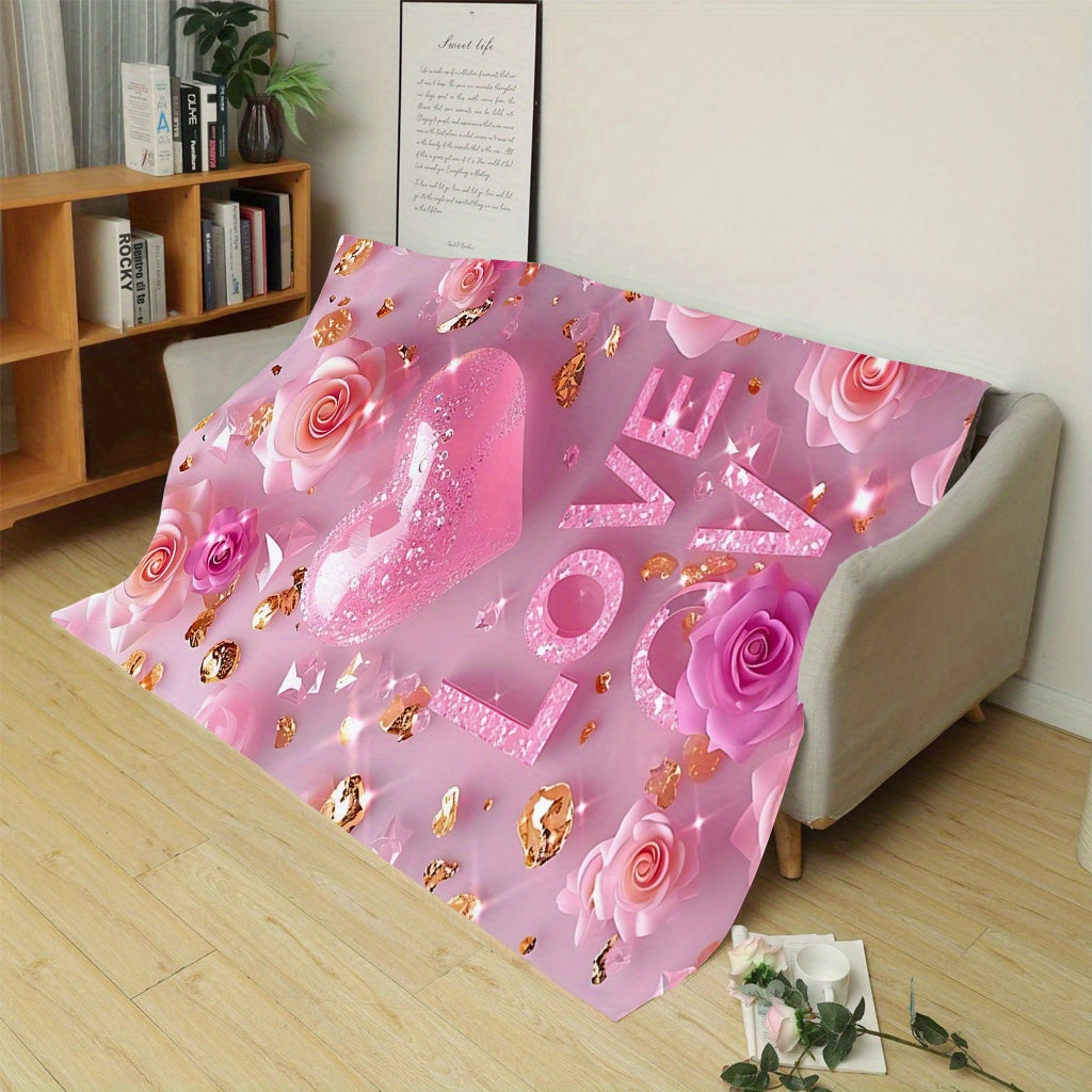 Pink 'I Love You' Throw Blanket for Valentine's Day - Luxuriously Soft and Cozy Flannel Fleece for Couch, Bed, and Camping - Perfect for All Seasons with Elegant Digital Rose and Heart Design