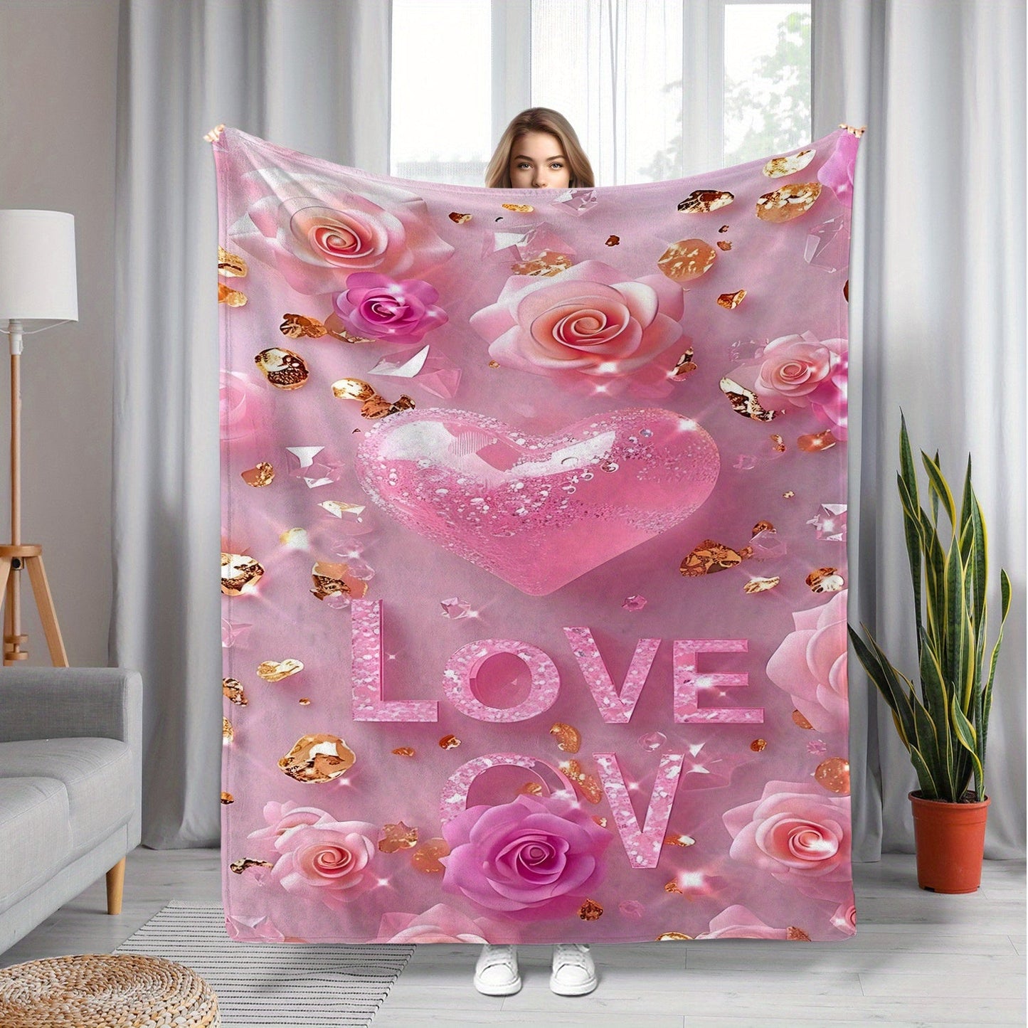 Pink 'I Love You' Throw Blanket for Valentine's Day - Luxuriously Soft and Cozy Flannel Fleece for Couch, Bed, and Camping - Perfect for All Seasons with Elegant Digital Rose and Heart Design