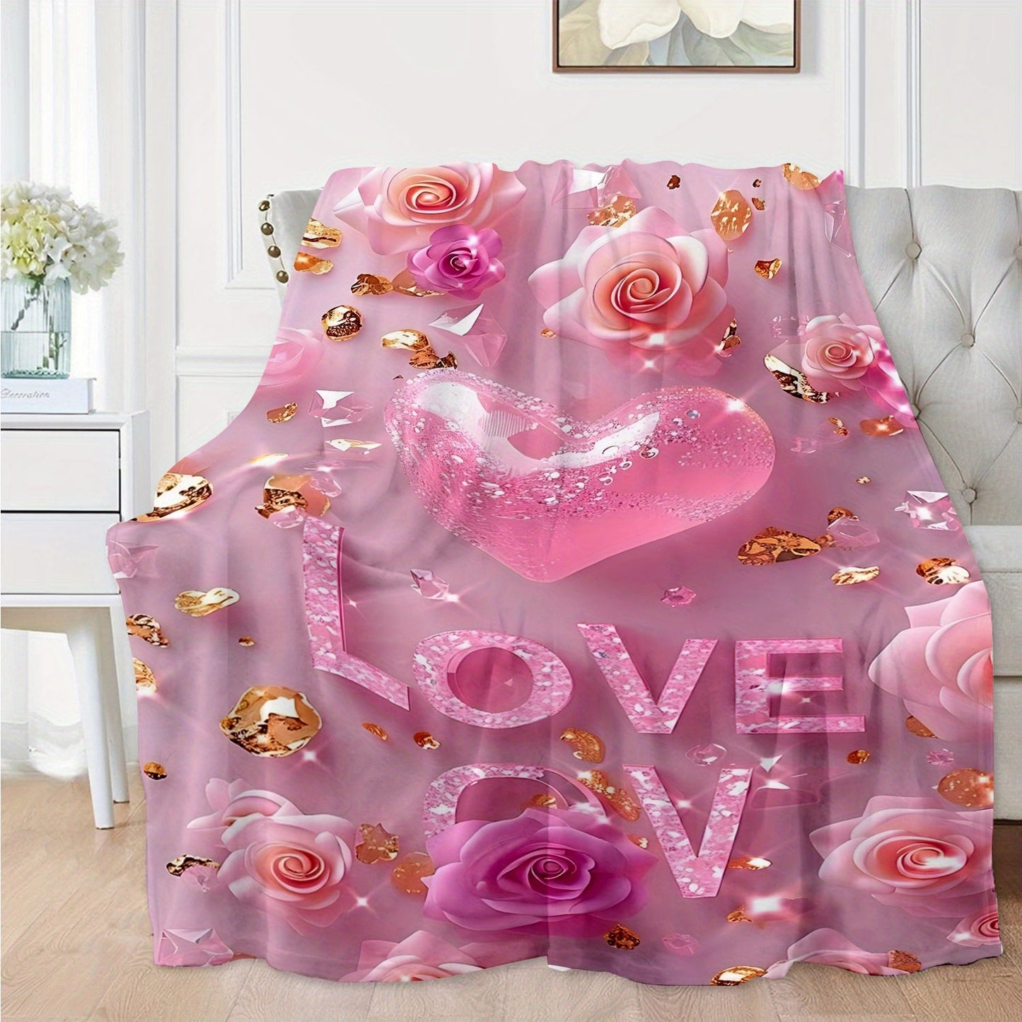 Pink 'I Love You' Throw Blanket for Valentine's Day - Luxuriously Soft and Cozy Flannel Fleece for Couch, Bed, and Camping - Perfect for All Seasons with Elegant Digital Rose and Heart Design