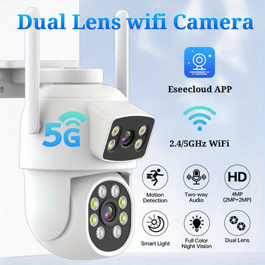 Experience the ZHXINSD 4MP Dual Lens Outdoor Security Camera with 360° Panoramic View, PTZ Auto-Tracking, HD Night Vision, Two-Way Audio, Motion Alerts, and compatibility with 2.4GHz/5GHz WiFi networks.