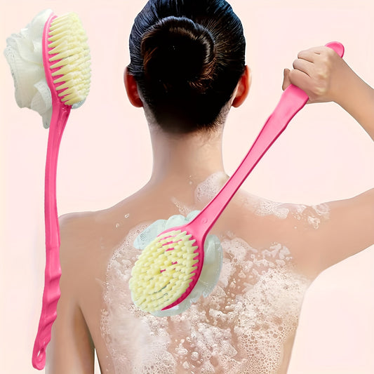 Soft loofah and bristle bath brush with long curved handle for exfoliation and cleansing without batteries.