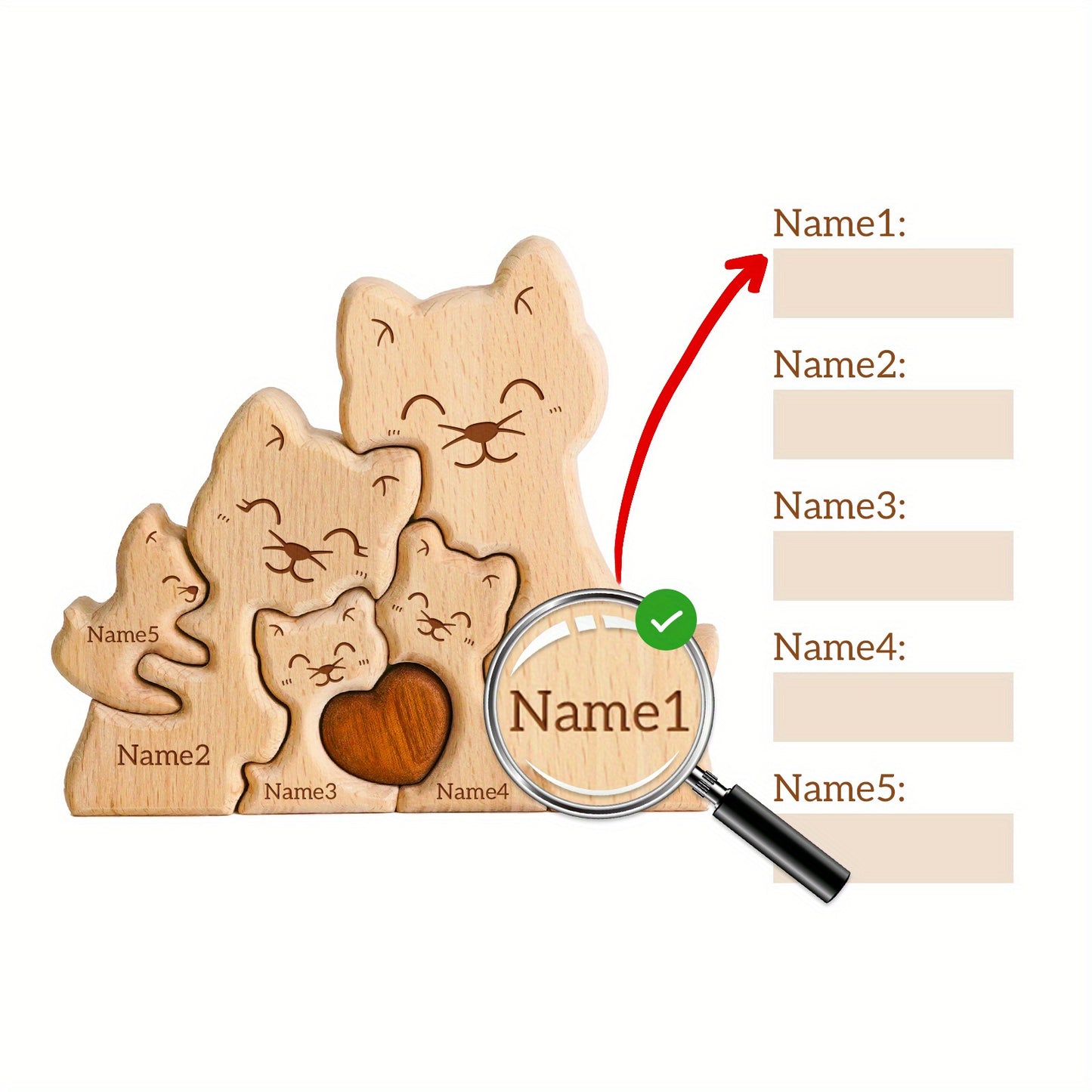 Personalized wooden cat family puzzle with 2-5 names. Ideal gift for family members. High-quality decor and special birthday present.