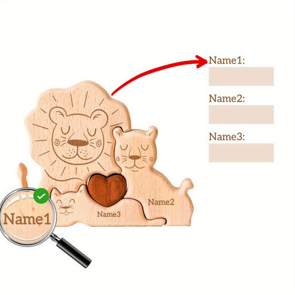 Personalized wooden cat family puzzle with 2-5 names. Ideal gift for family members. High-quality decor and special birthday present.